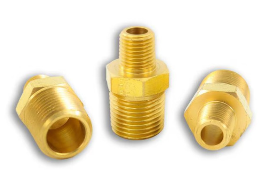 Brass reducing nipple, 1/2 x 1/4 inch