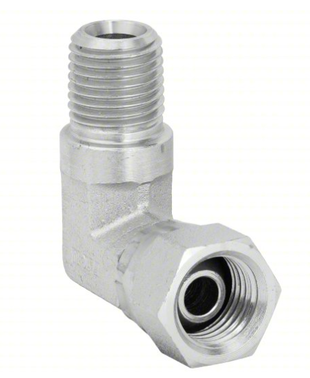 Hydraulic hose fitting, 90 degree NPTF swivel, side view