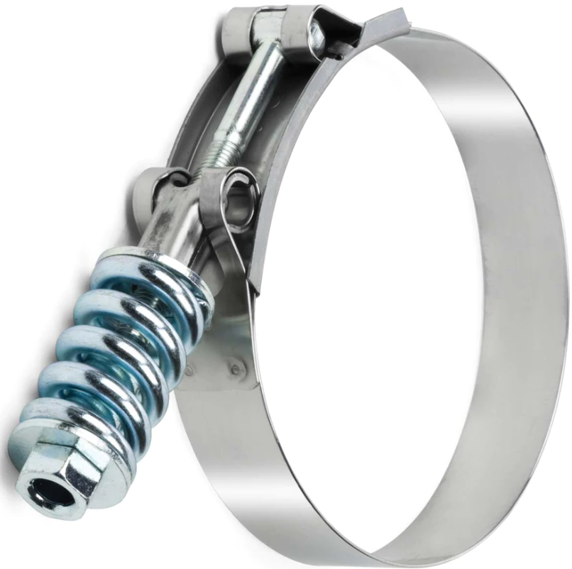 Heavy duty spring loaded T-bolt clamp, 0.75 inch wide stainless steel band