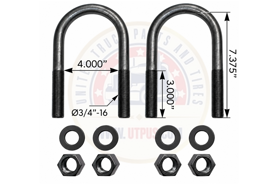 U-bolt kit, round 3/4in x 4in x 7-3/8in, for heavy-duty truck and trailer suspensions