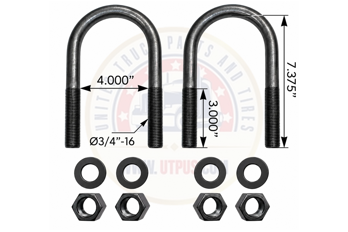 U-bolt kit, round 3/4in x 4in x 7-3/8in, for heavy-duty truck and trailer suspensions