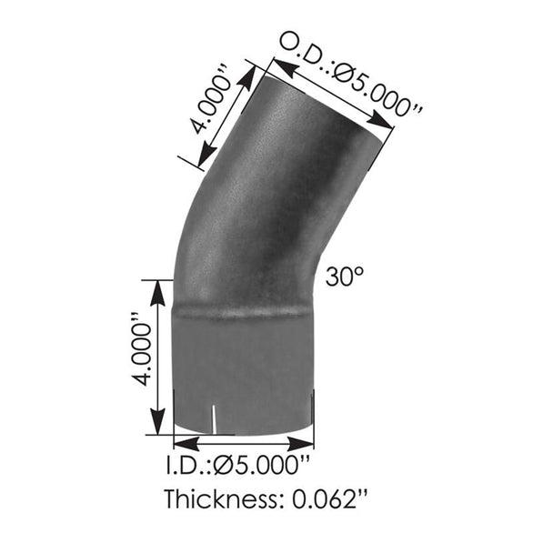 Aluminized 30 degree exhaust elbow 5 in ID/OD, part 562.U4530E4A